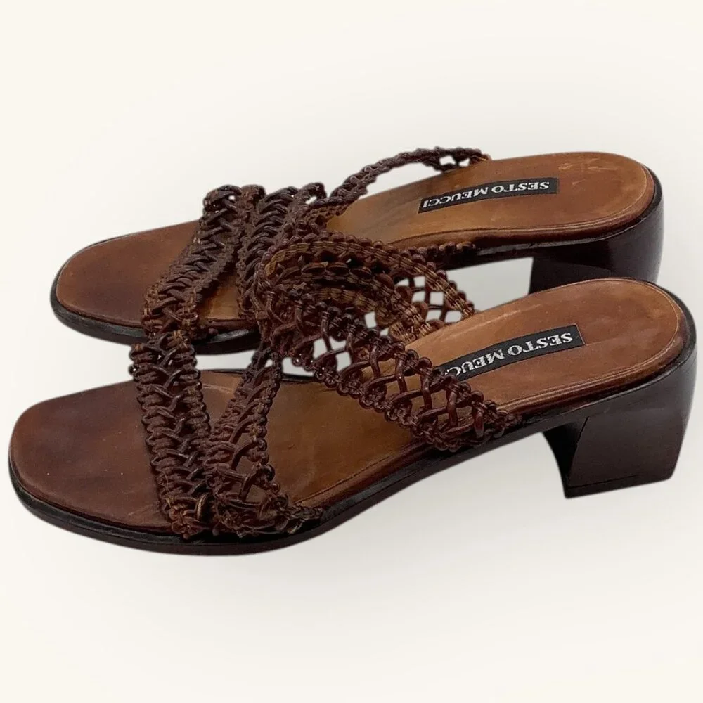 Vintage 90s Sesto Meucci Italian Leather Sandals 6 Woven Mule 2